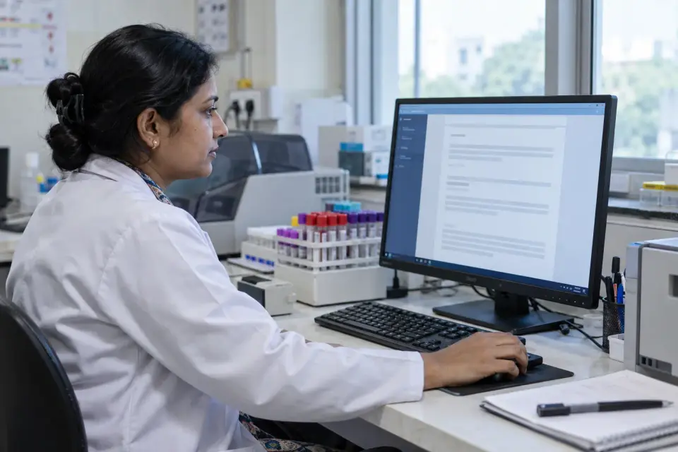 A pathology laboratory supervisor reviews a neutral digital report layout at a lab workstation, with sample racks safely behind the screen and no results visible. A pathology laboratory supervisor reviews a neutral digital report layout at a lab workstation, with sample racks safely behind the screen and no results visible.