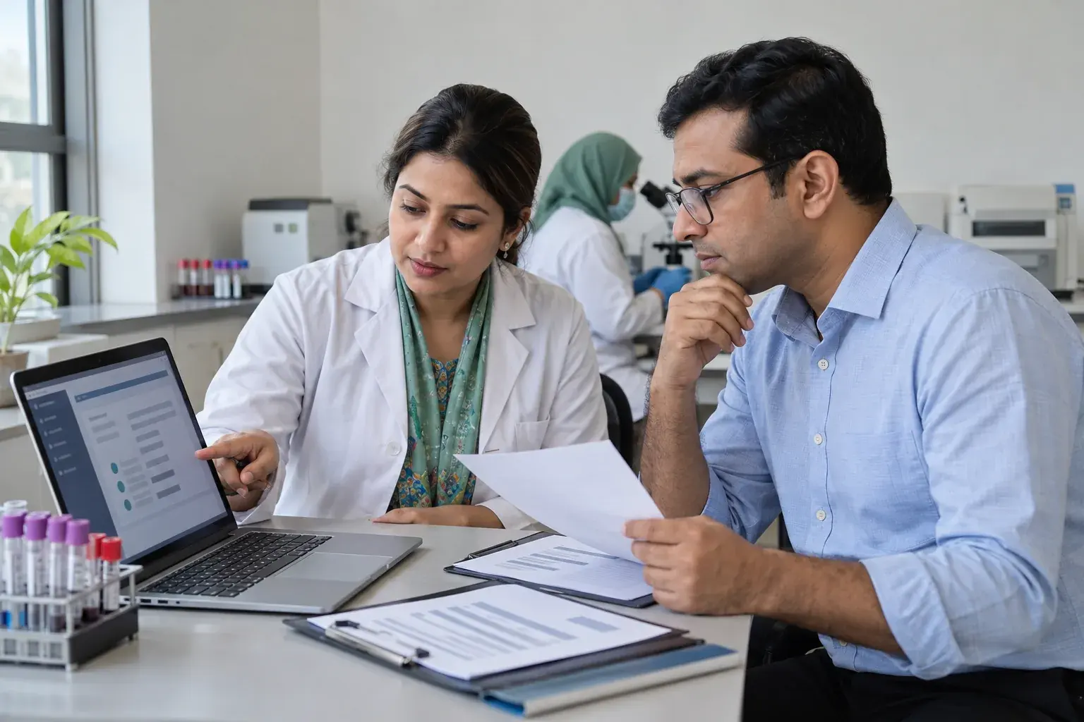 Clinician and manager verifying a sample pathology report Clinician and manager verifying a sample pathology report