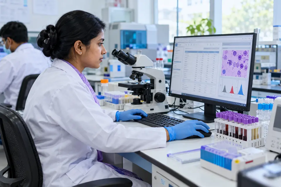 Pathology reporting at a laboratory workstation.