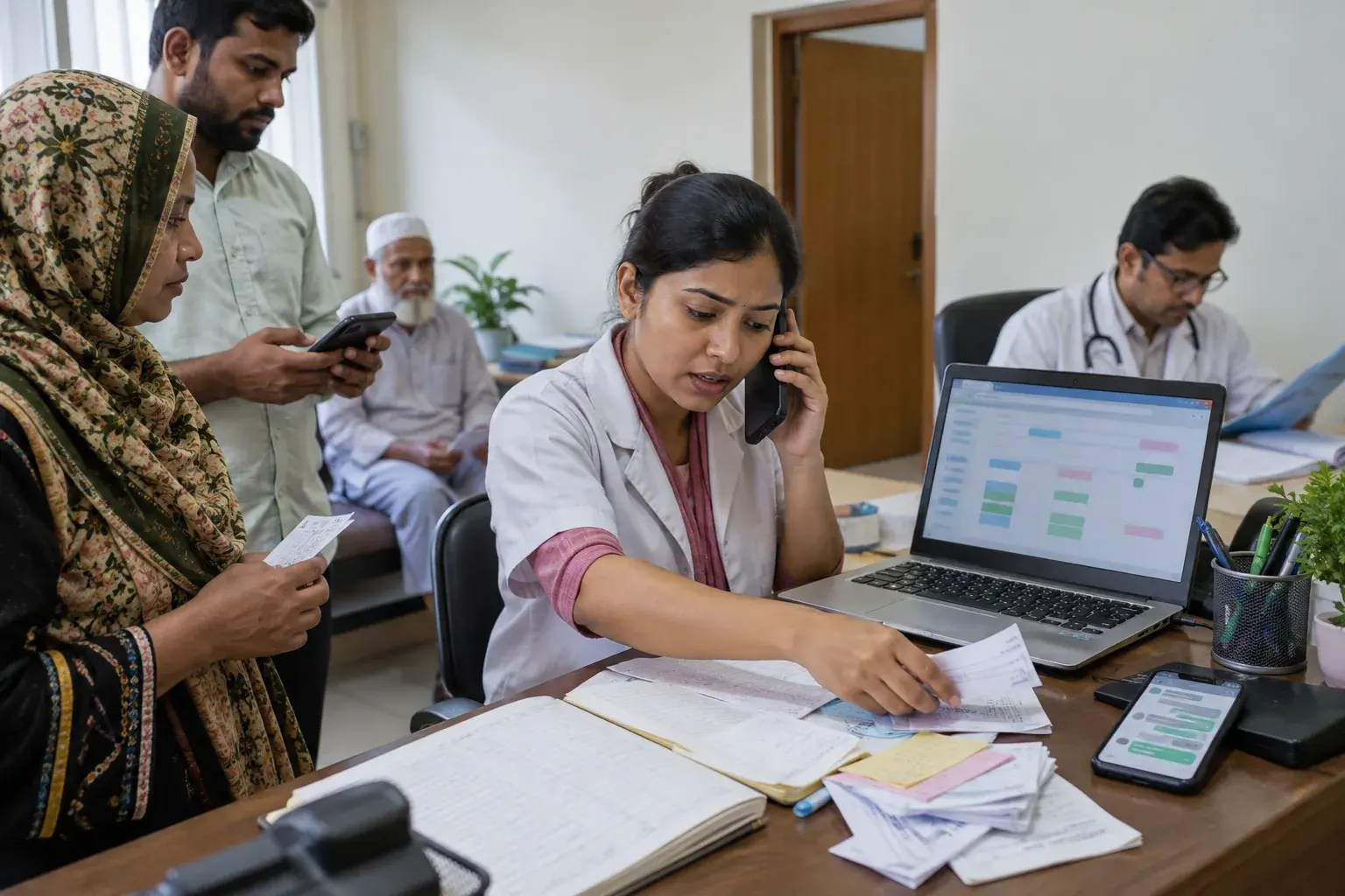 Receptionist reconciling patient appointment requests at a chamber Receptionist reconciling patient appointment requests at a chamber