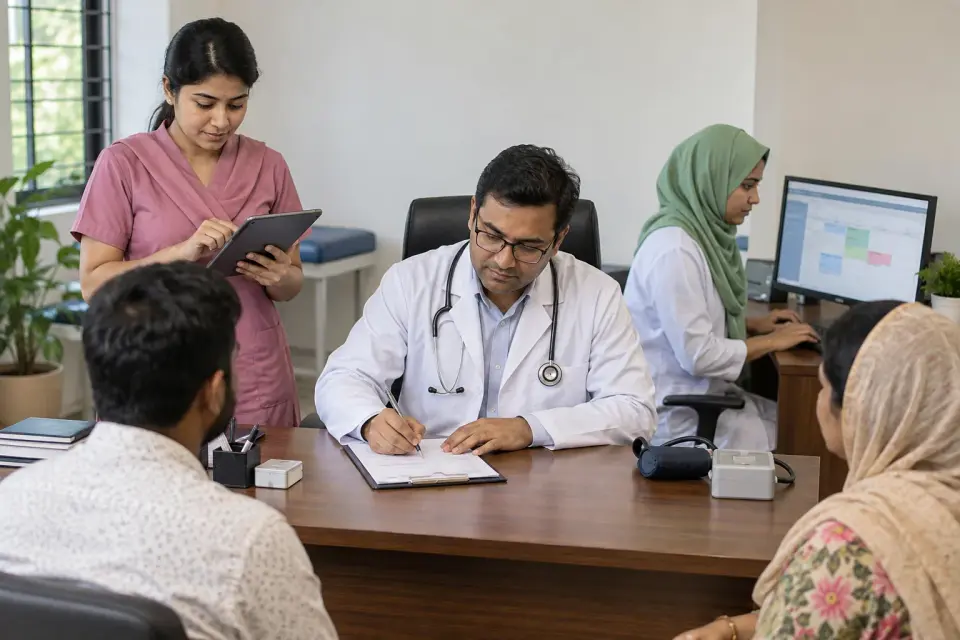 Doctor and staff reviewing a patient appointment in the chamber Doctor and staff reviewing a patient appointment in the chamber