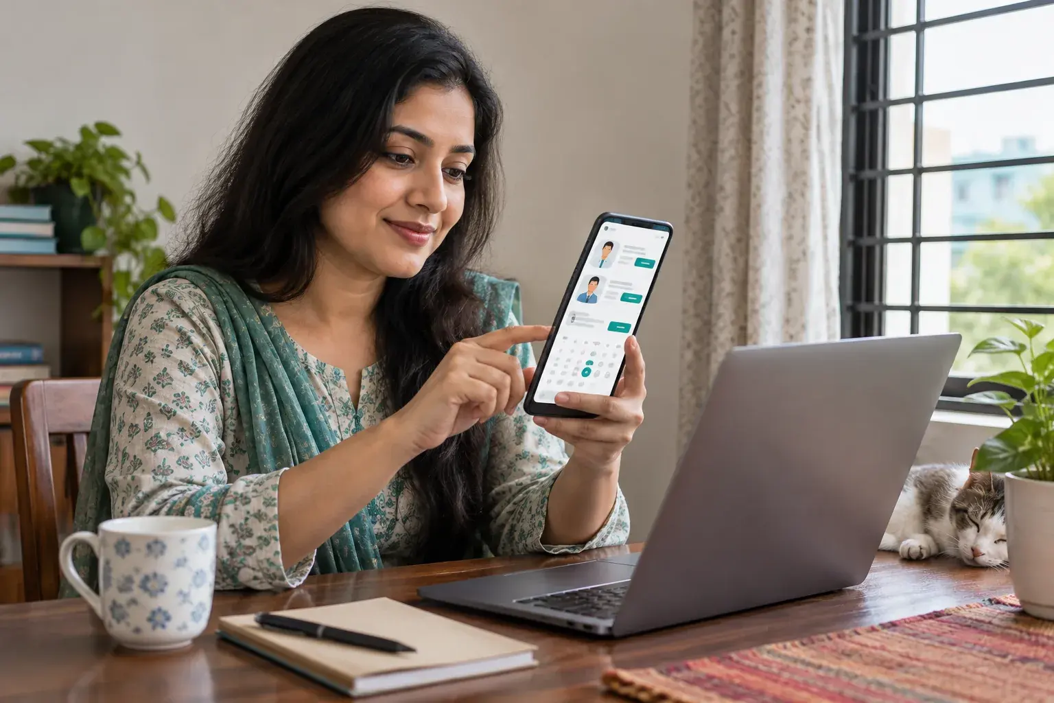 Woman checking a doctor appointment option on her phone at home Woman checking a doctor appointment option on her phone at home