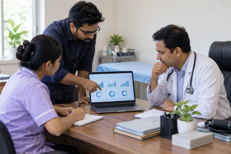 Doctor and team reviewing appointment operations together Doctor and team reviewing appointment operations together