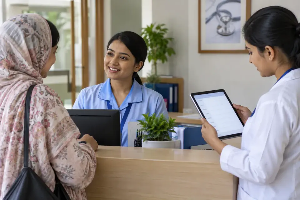 At a doctor's chamber reception, a receptionist welcomes a visitor while another staff member checks a clearly blank appointment list on the front of a tablet.