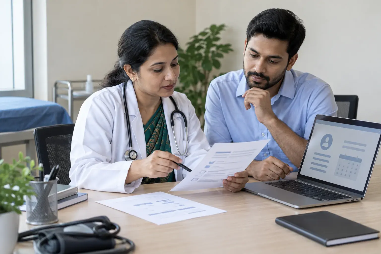 Doctor and specialist verifying appointment information Doctor and specialist verifying appointment information