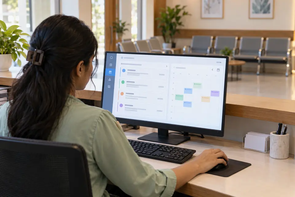 A chamber receptionist organizing appointment requests on a desktop monitor A chamber receptionist organizing appointment requests on a desktop monitor