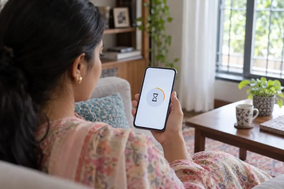 Woman at home checking a pending appointment request on her phone