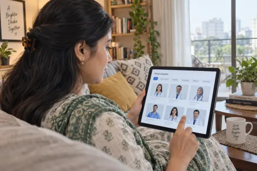 Finding a doctor by specialty from home Woman browsing a clinic doctor directory on a tablet at home in Dhaka