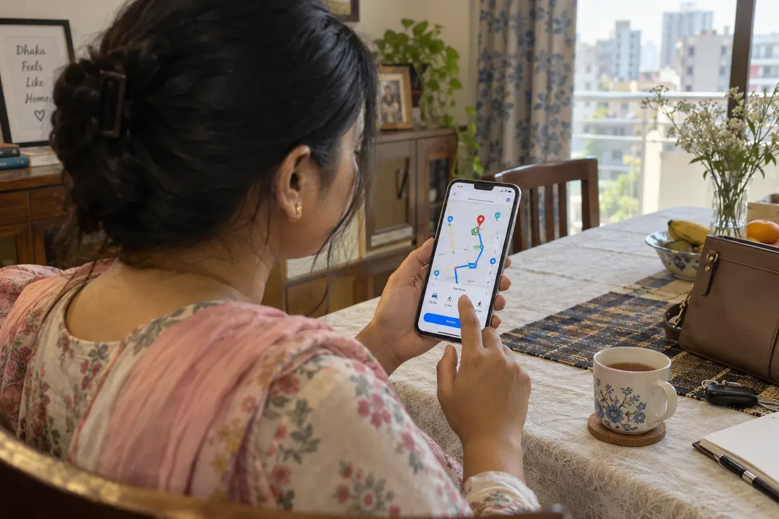 Checking chamber directions from home Woman at home checking directions to a doctor's chamber on her phone in Dhaka