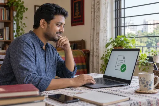 Checking report availability from home Patient checking that a clinic report is ready on a laptop at home