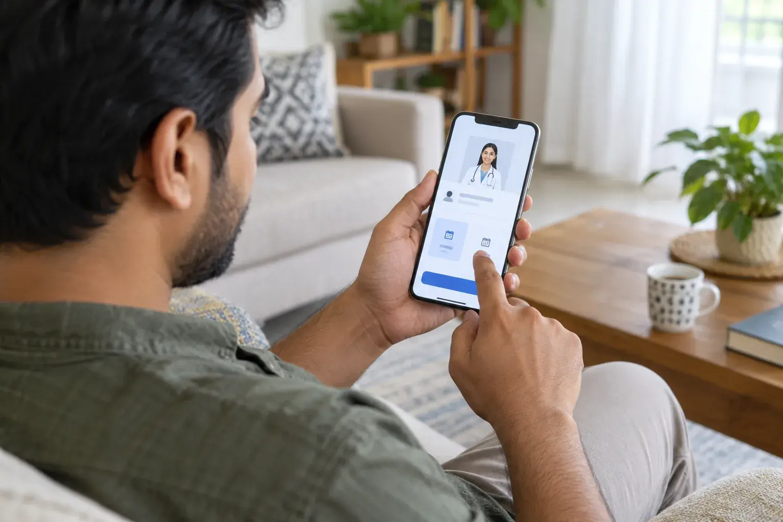 Man choosing a doctor appointment session on his phone at home