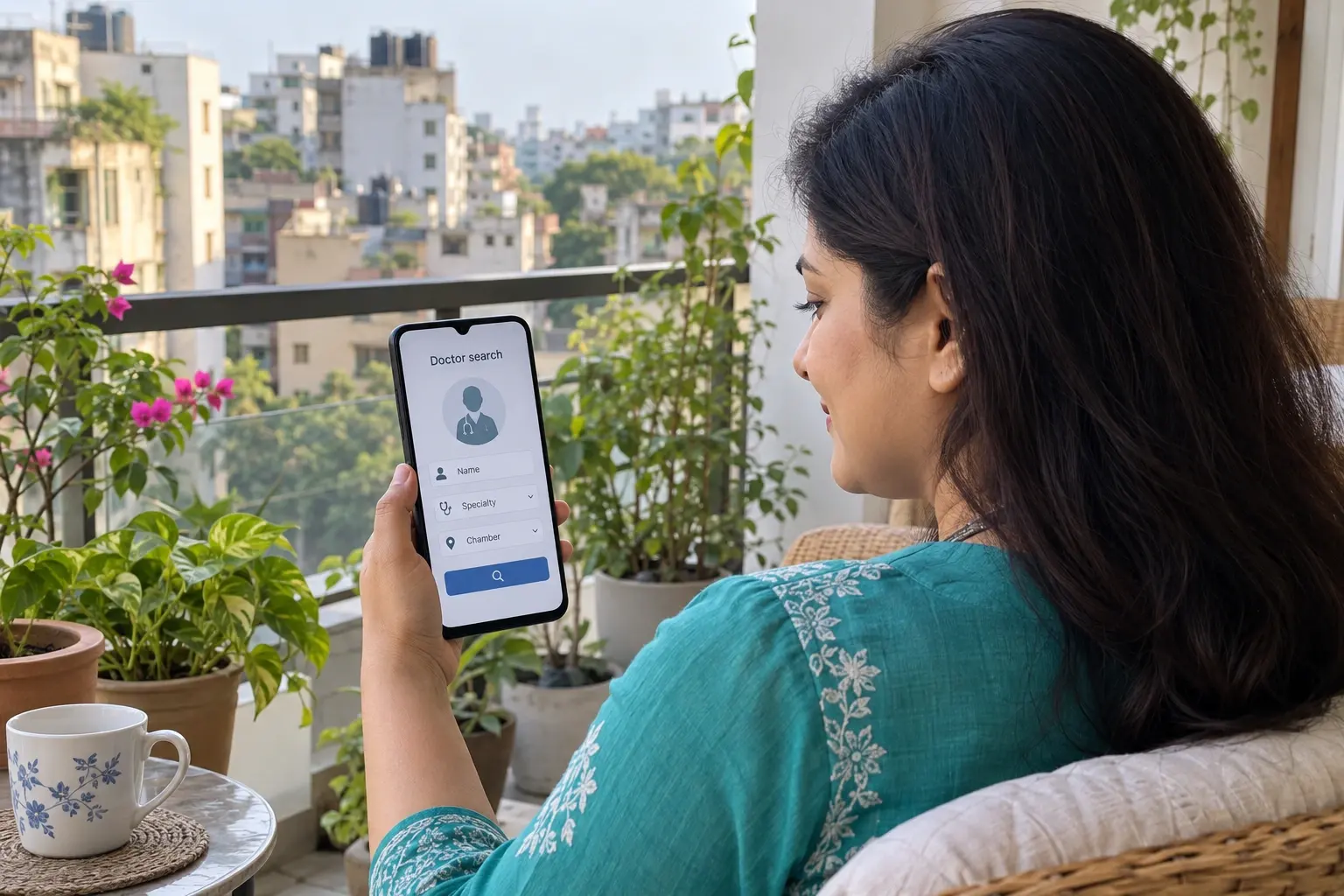 Woman searching doctor names, specialties and chambers on a phone at her Dhaka apartment balcony