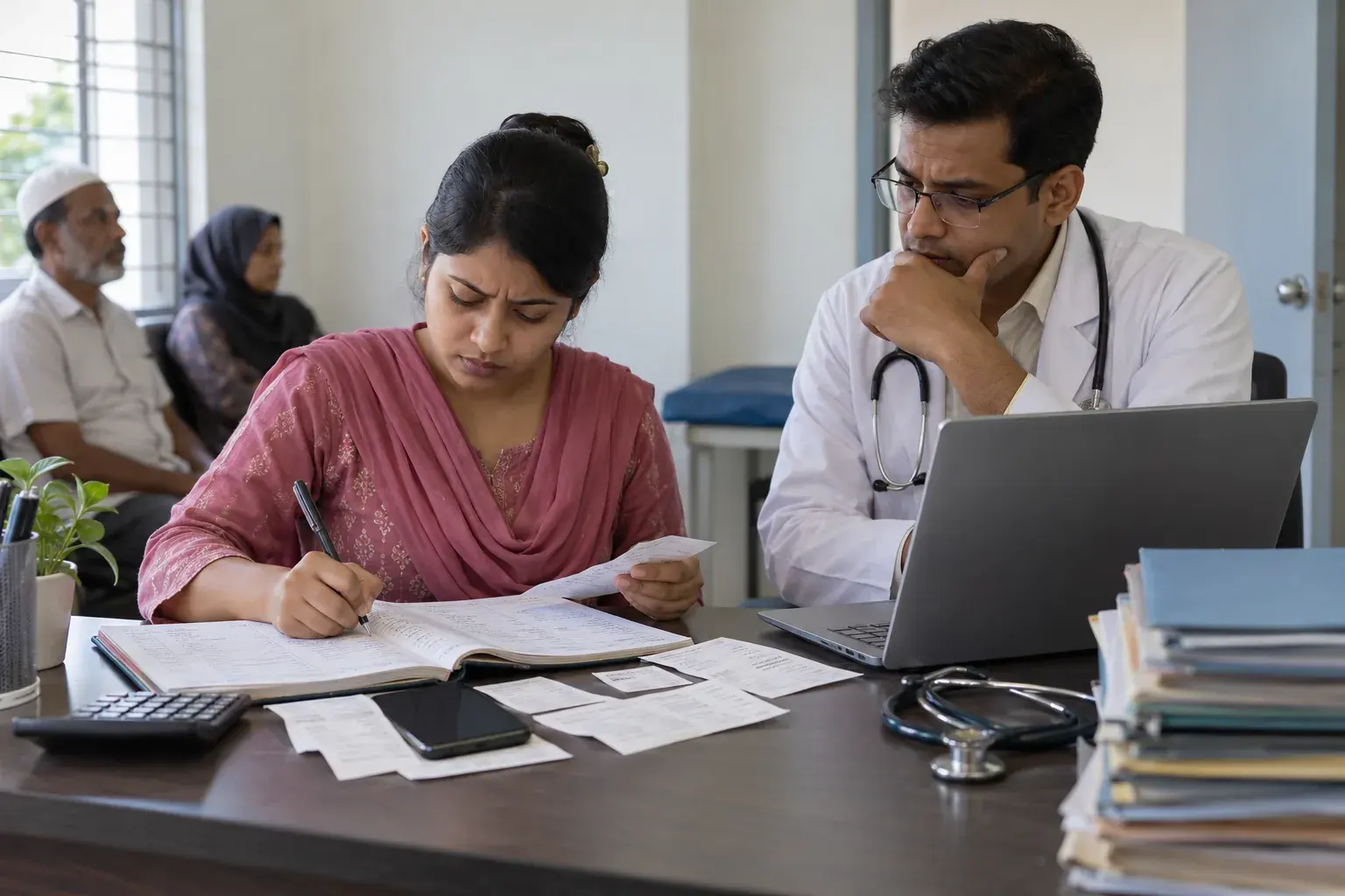 Doctor and staff checking receipts and fee records in a chamber Doctor and staff checking receipts and fee records in a chamber