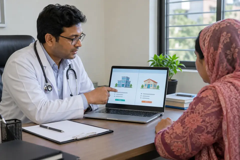 Doctor explaining fee information to a patient in the chamber Doctor explaining fee information to a patient in the chamber
