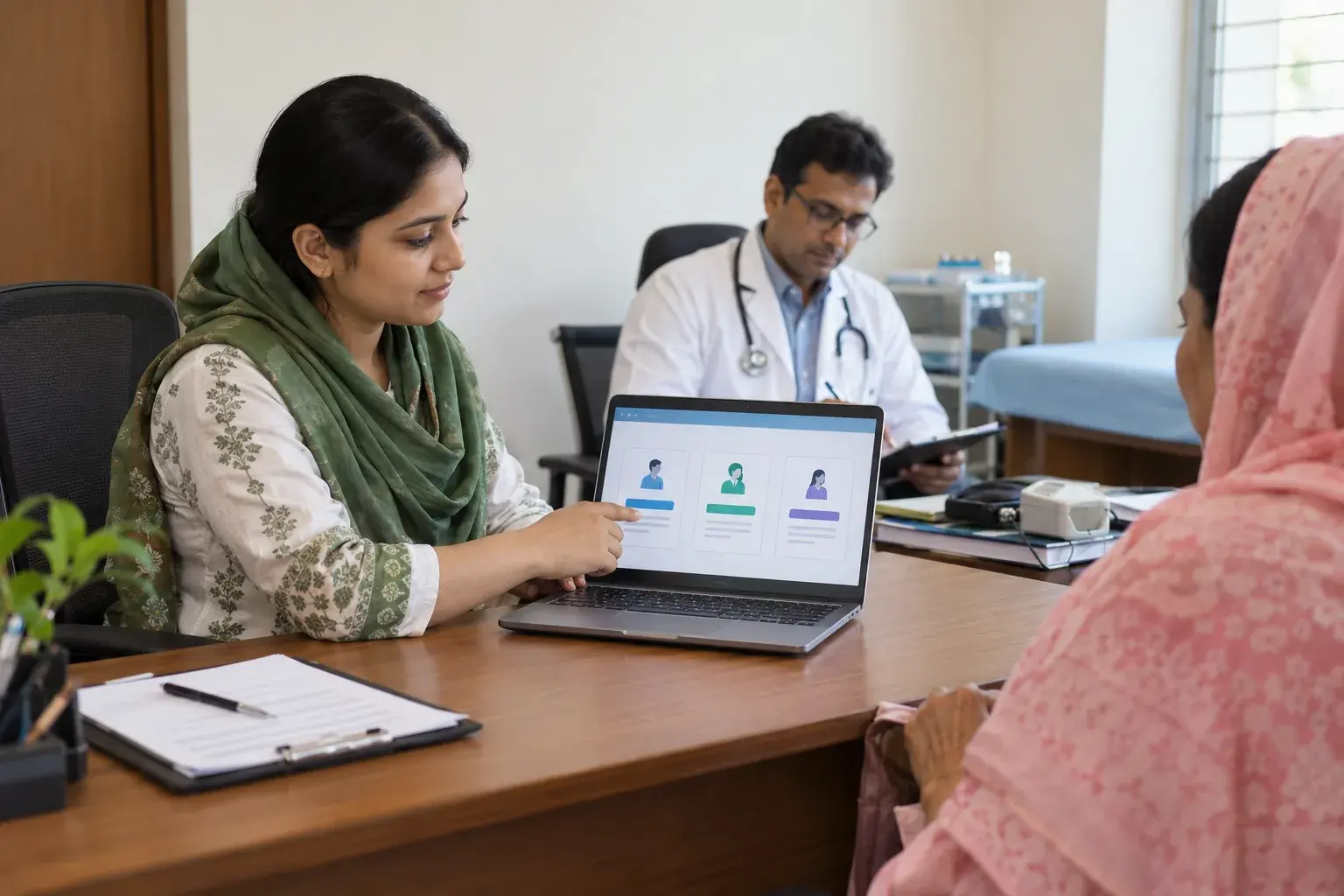 Receptionist explaining fee options on a front-facing laptop Receptionist explaining fee options on a front-facing laptop