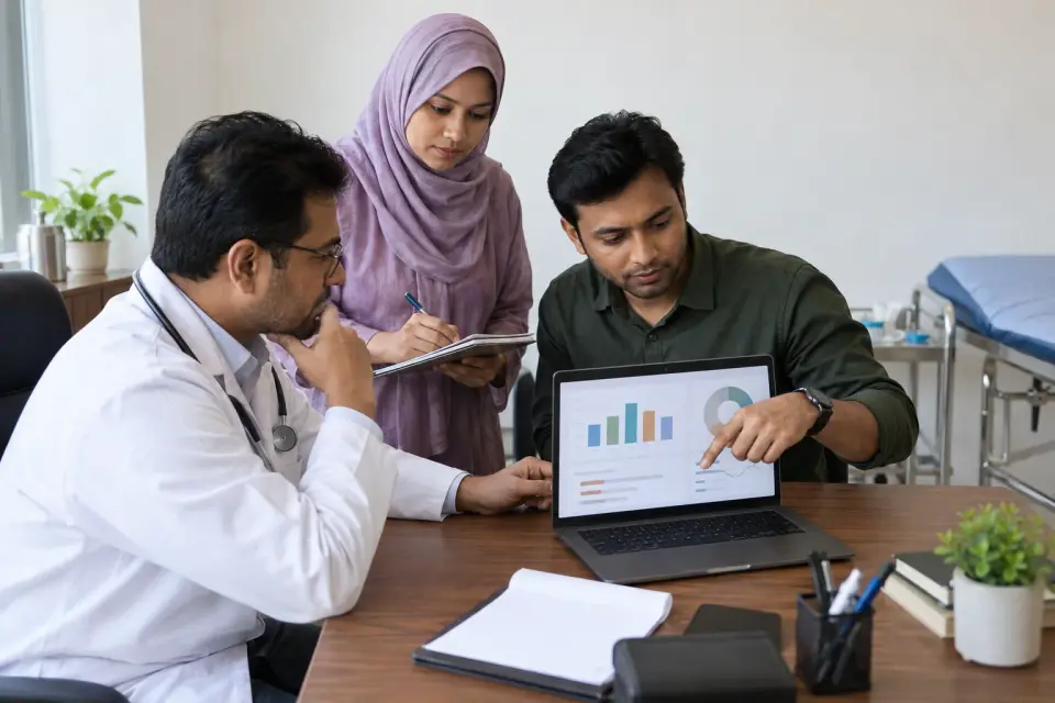 Doctor and team reviewing patient fee records Doctor and team reviewing patient fee records