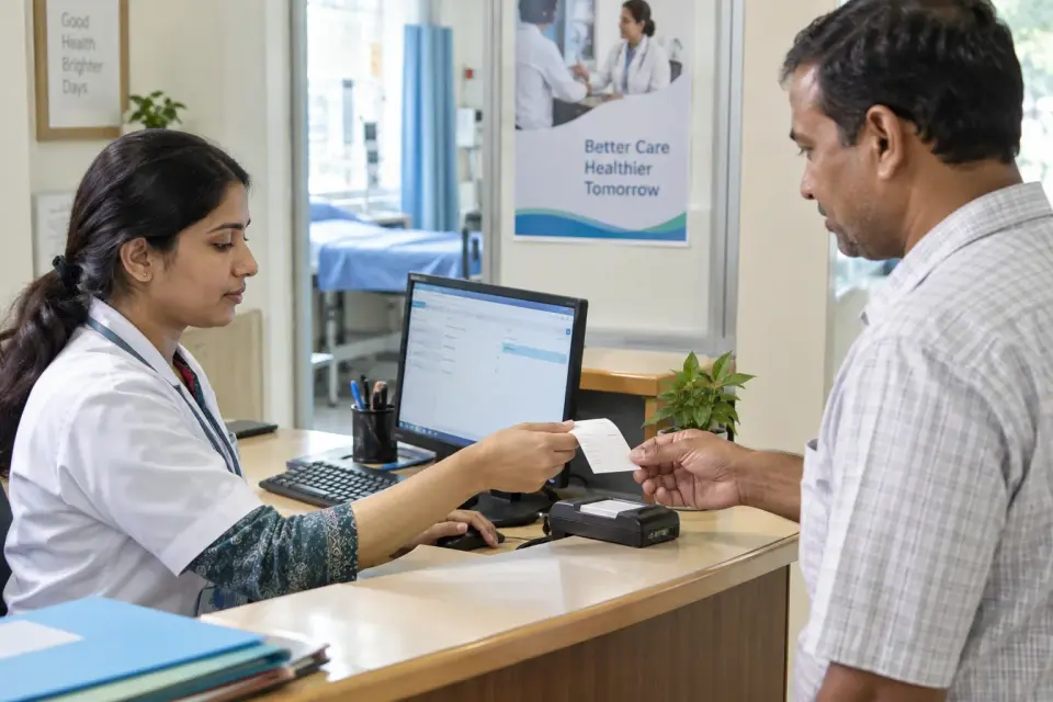 At a doctor's chamber checkout, an assistant issues a simple blank receipt to a visitor after confirming the fee on a correctly oriented monitor.