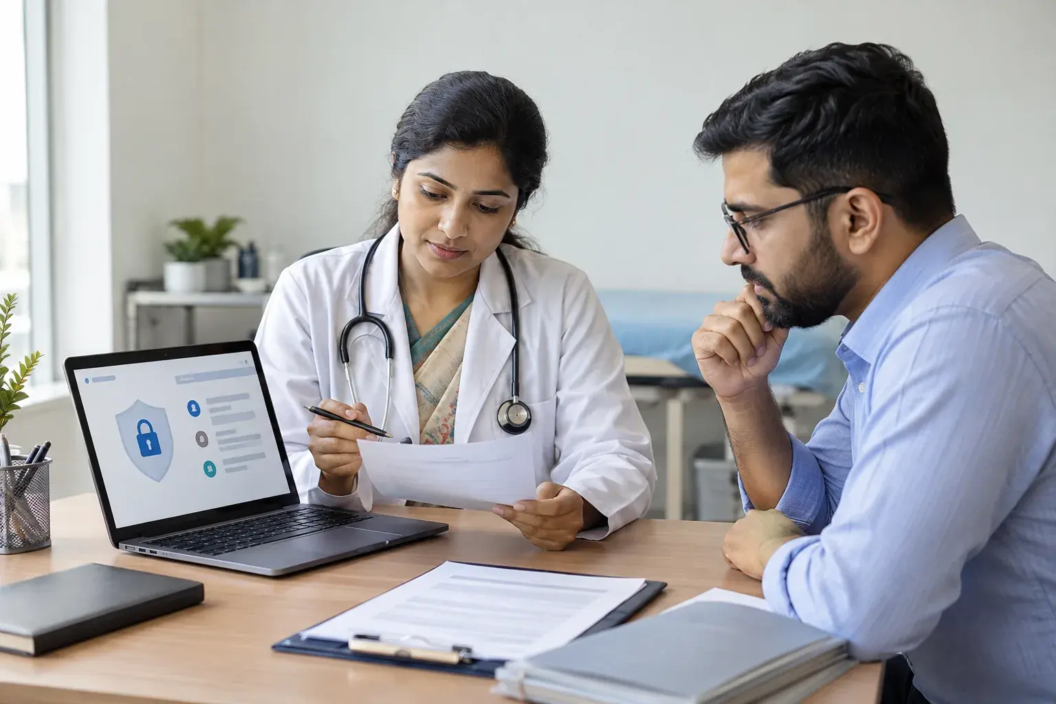 Doctor and manager verifying fee information and privacy Doctor and manager verifying fee information and privacy