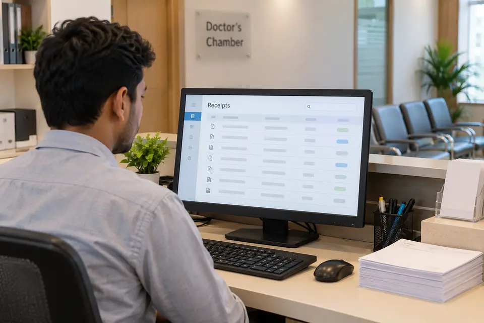 A chamber receptionist organizing receipt records at a reception desk A chamber receptionist organizing receipt records at a reception desk