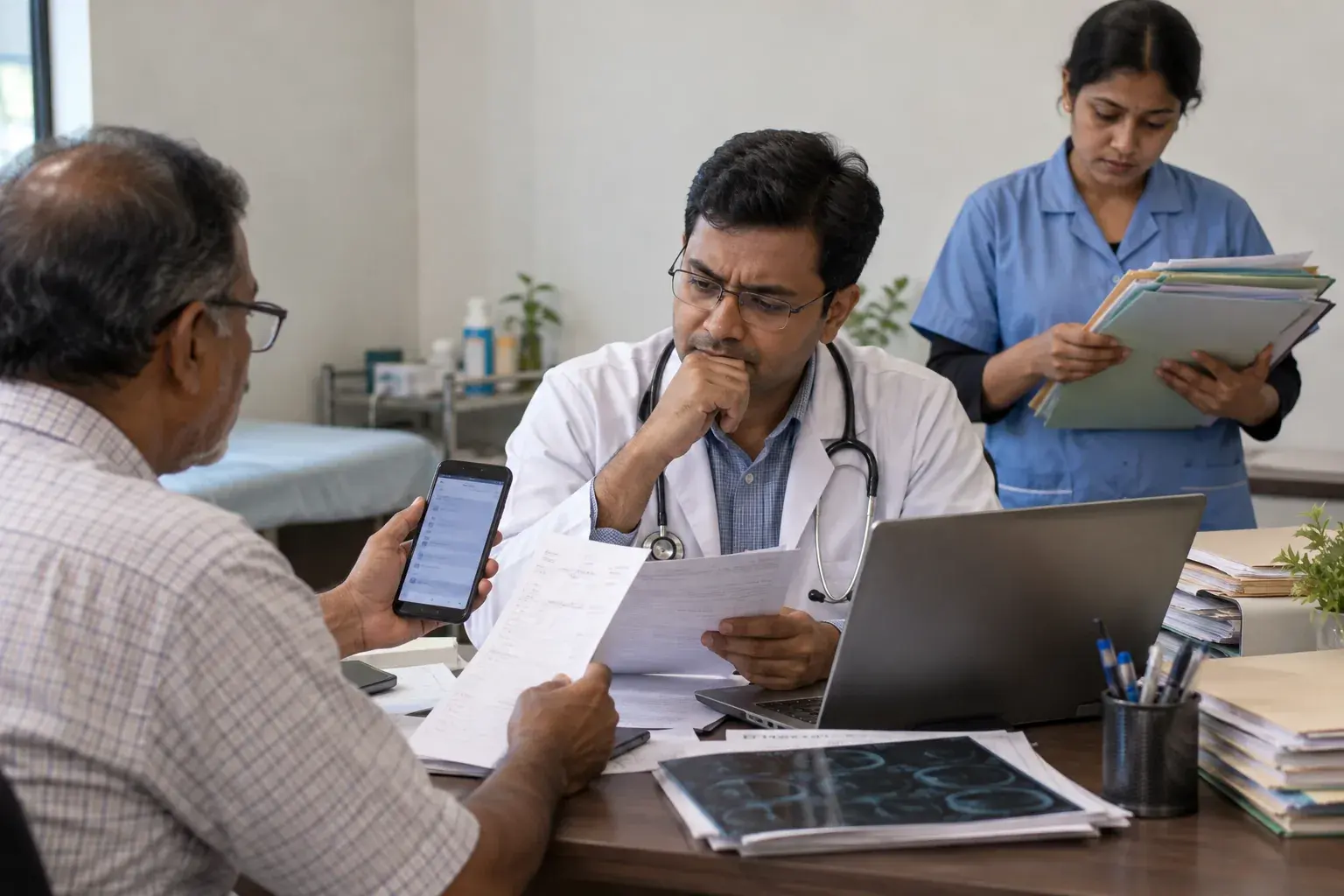 Doctor reconciling patient record papers with digital information Doctor reconciling patient record papers with digital information