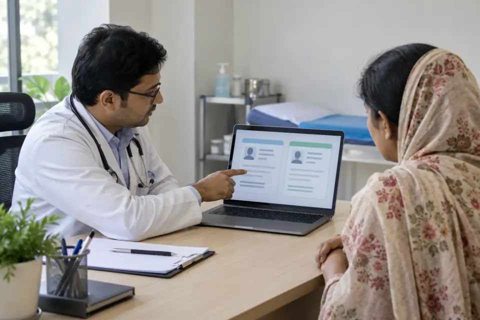 Doctor explaining a medical record screen to a patient Doctor explaining a medical record screen to a patient