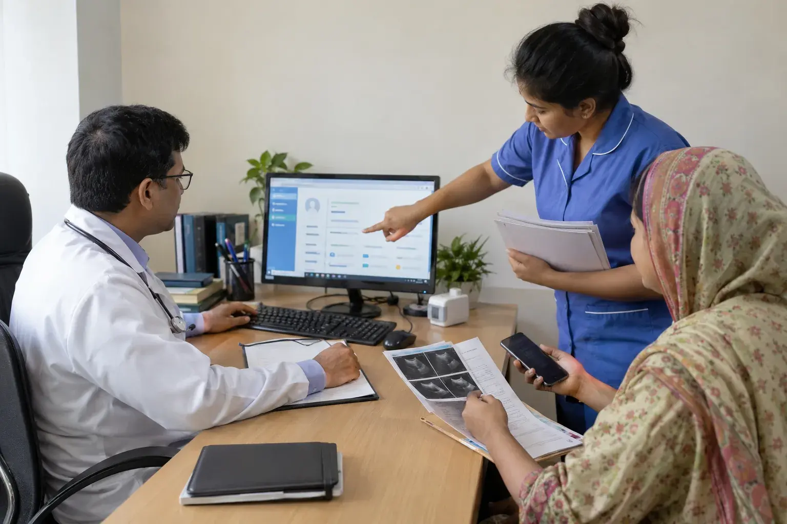 Doctor and staff checking a patient record screen in the chamber Doctor and staff checking a patient record screen in the chamber