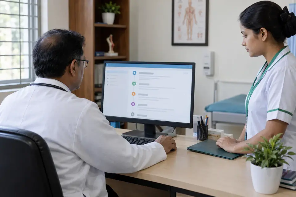 In a private chamber, a doctor checks a neutral, anonymised visit timeline on a front-facing monitor while an assistant waits beside a closed folder.