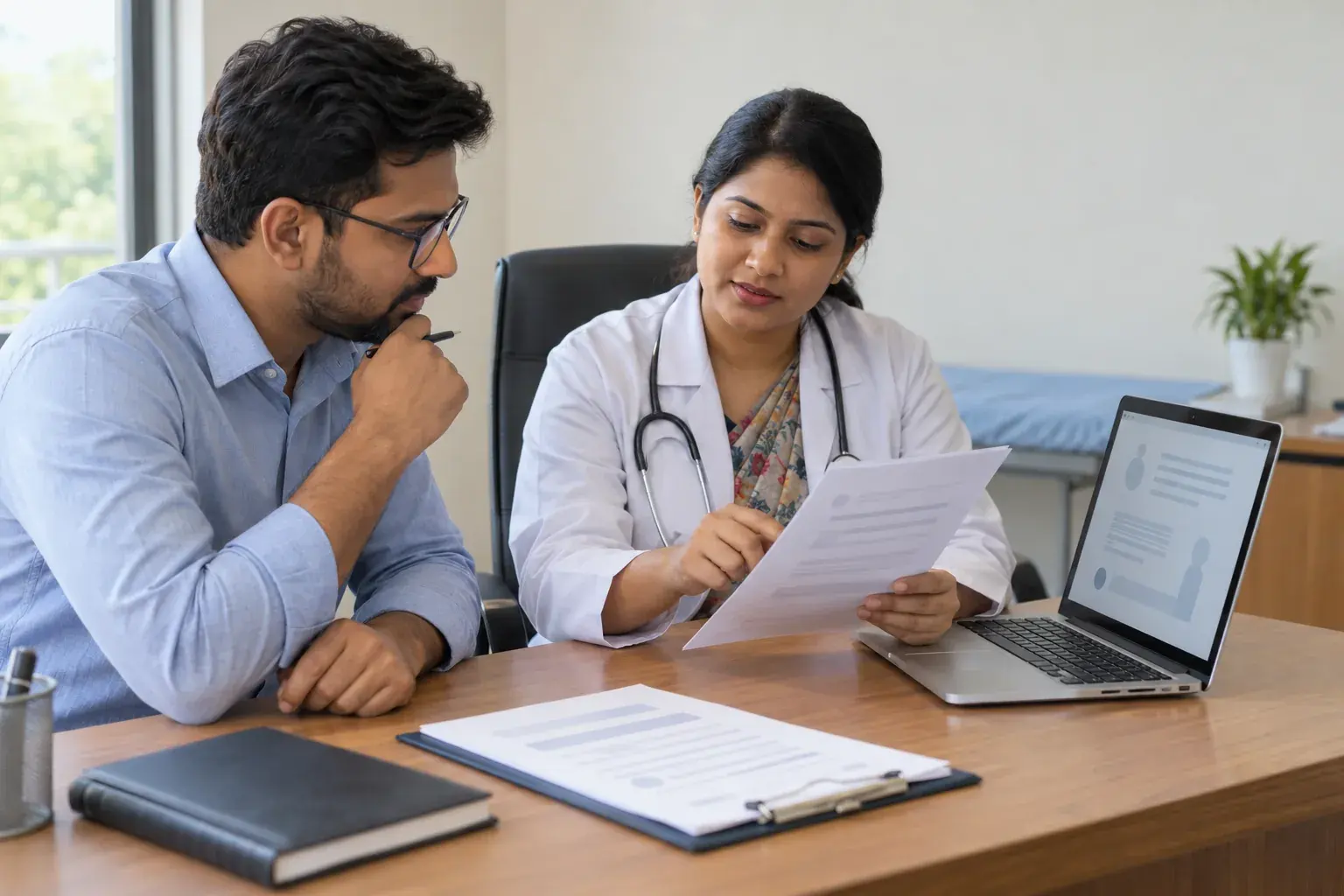 Doctor and specialist verifying a private patient record Doctor and specialist verifying a private patient record