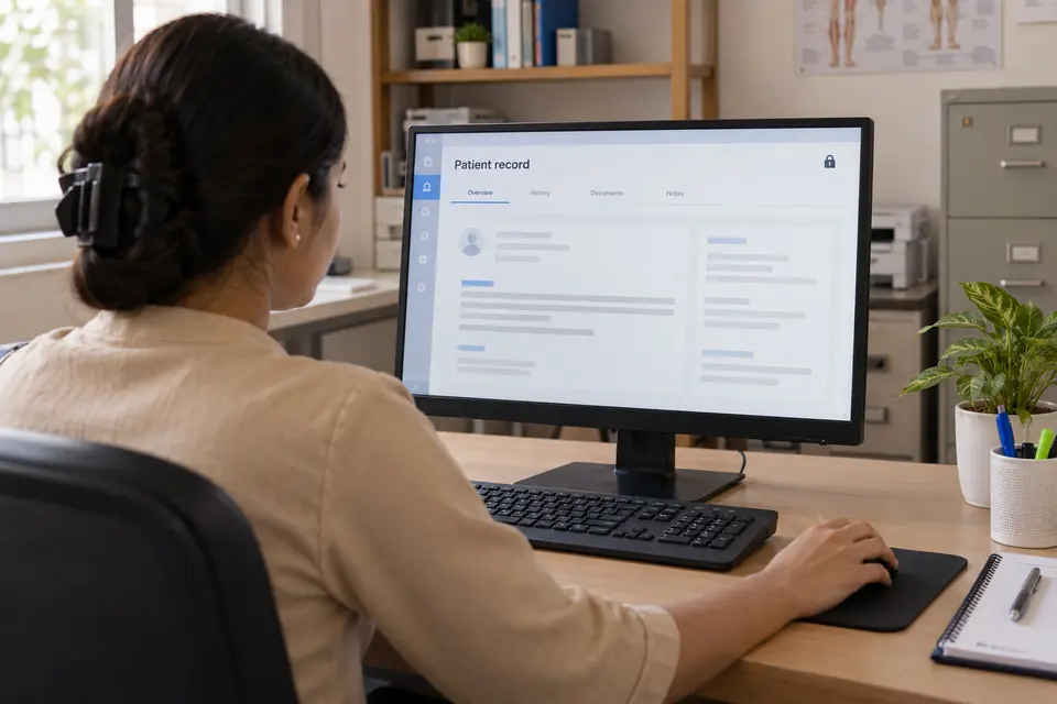 A staff member reviewing a digital record workspace at a chamber desk A staff member reviewing a digital record workspace at a chamber desk