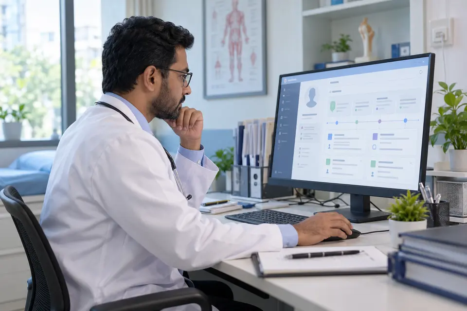 Physician reviewing organized electronic records at a clinic workstation.