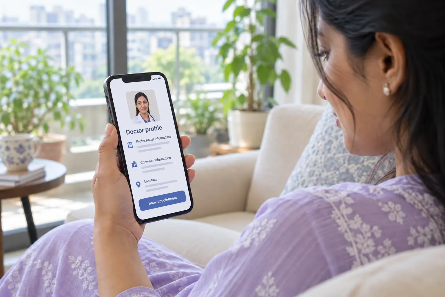 Researching doctor information from home Woman at home looking at a doctor's profile on her phone