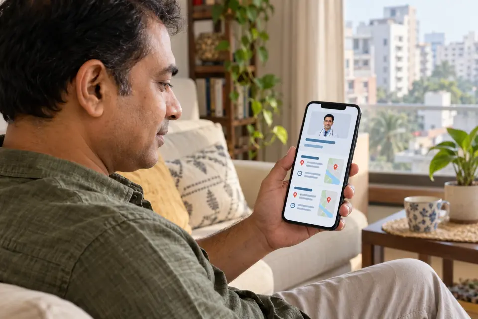 Man checking two chamber locations and schedules on a doctor profile from his home in Dhaka