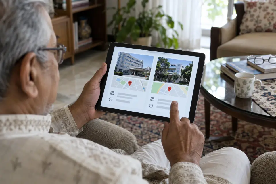 Patient at home comparing two doctor chamber locations on a tablet Patient at home comparing two doctor chamber locations on a tablet
