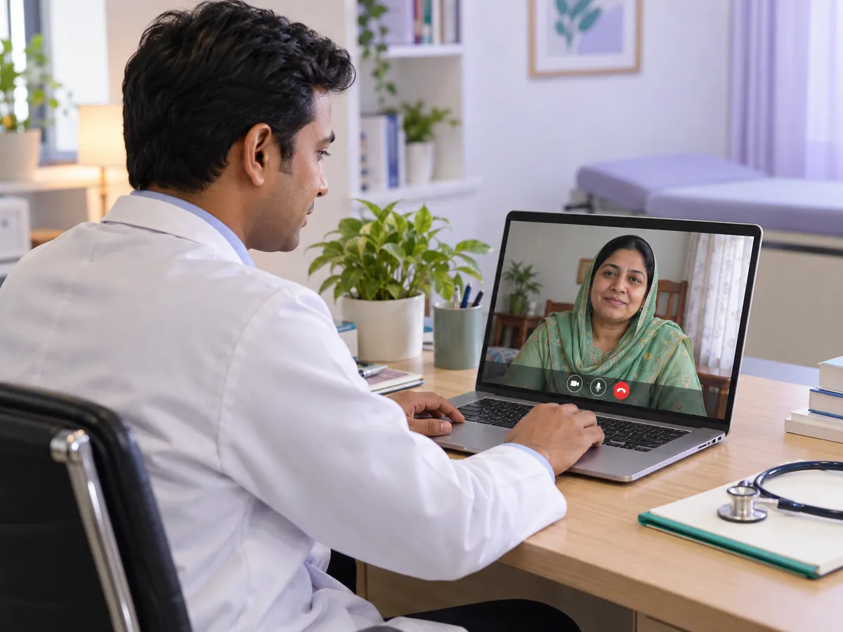 Bangladeshi doctor speaking with a woman through a private video consultation on a laptop.