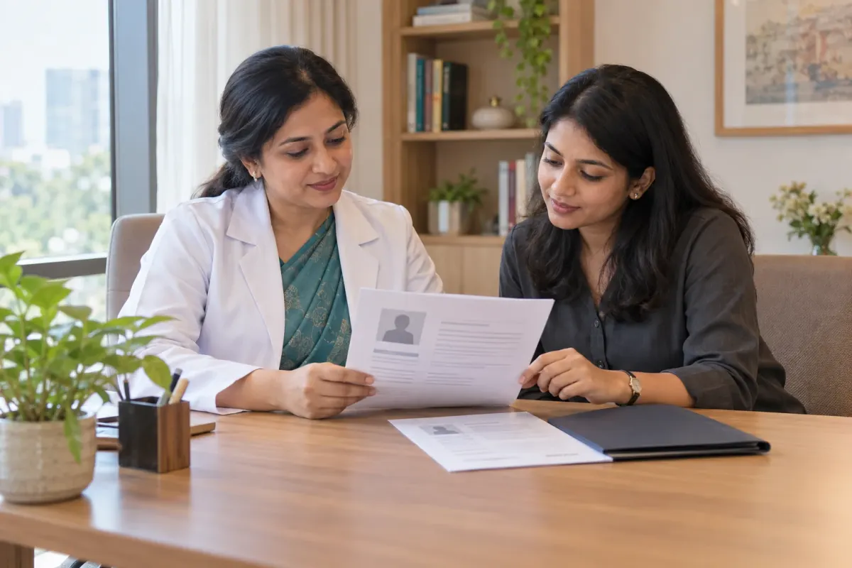 A doctor and communications specialist review printed professional profile information in a consultation office.