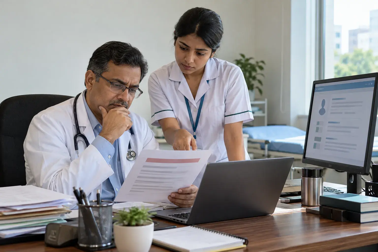 Doctor and assistant comparing printed professional profile details