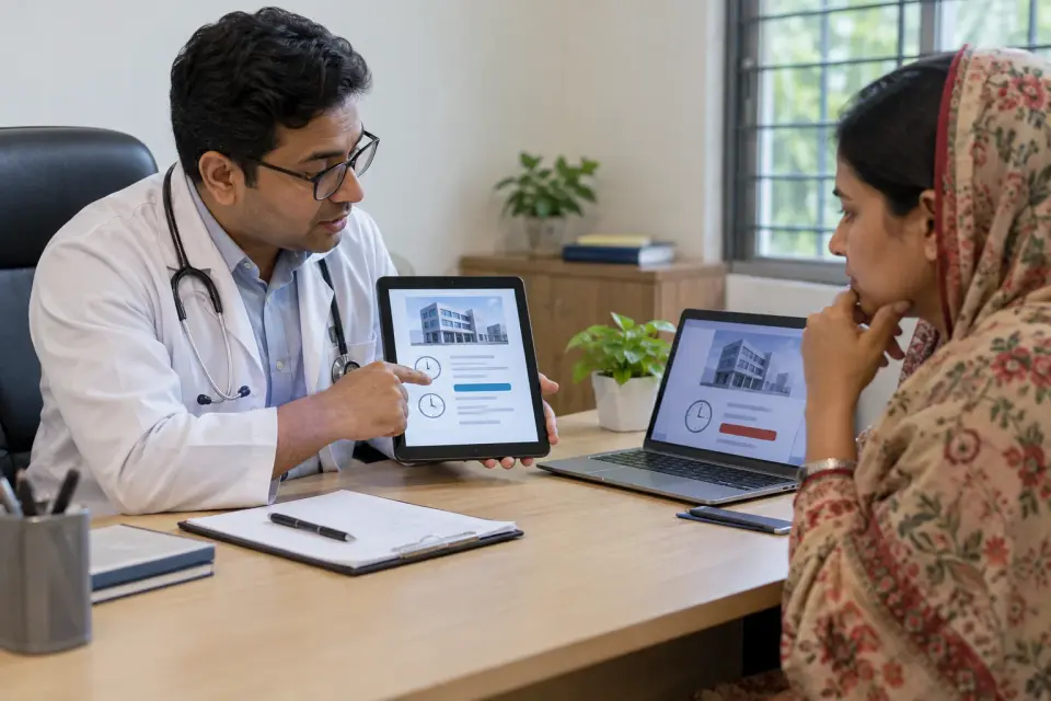 Doctor showing professional profile information to a visitor