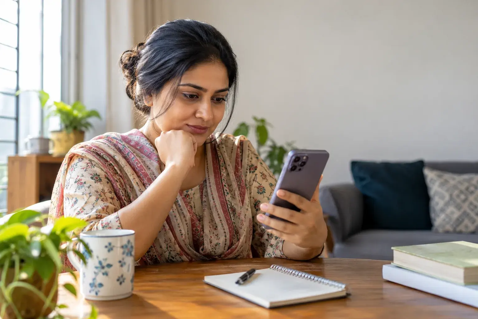 Woman looking up a doctor professional profile on her phone at home