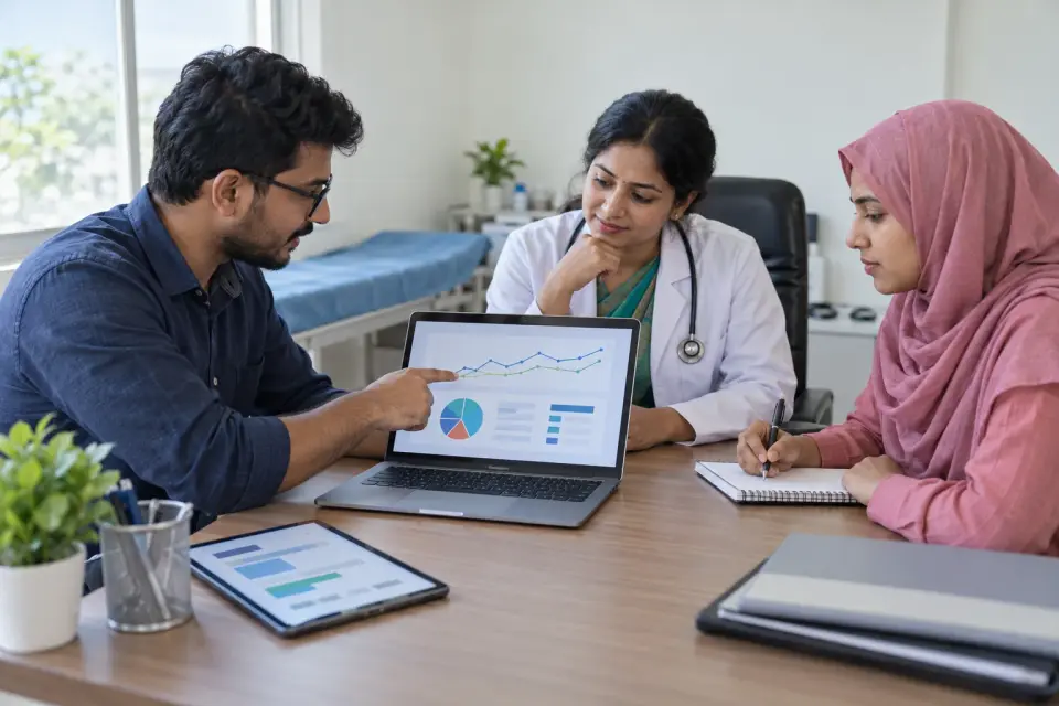 Doctor and team reviewing profile information and reports