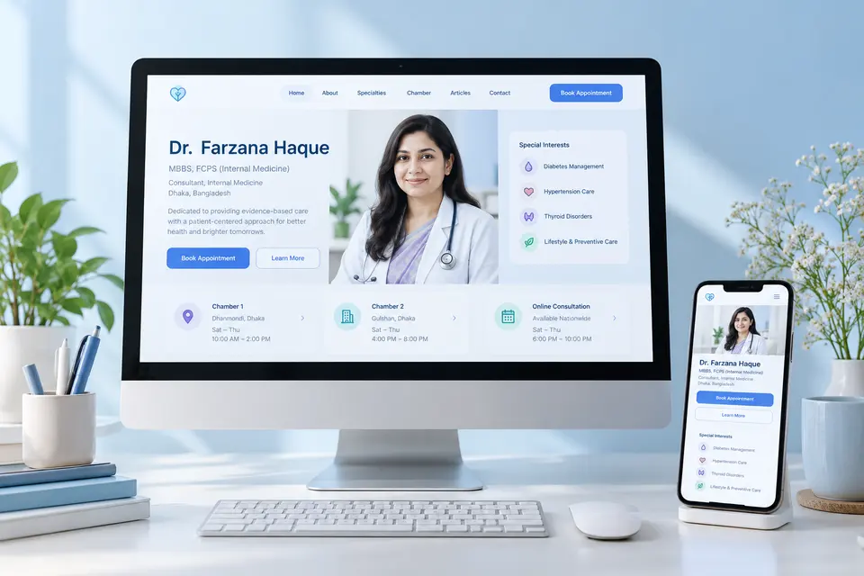 Responsive physician profile website on desktop and phone.