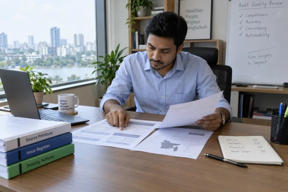 Analyst reviewing source evidence and priorities for a healthcare marketing audit Analyst reviewing source evidence and priorities for a healthcare marketing audit