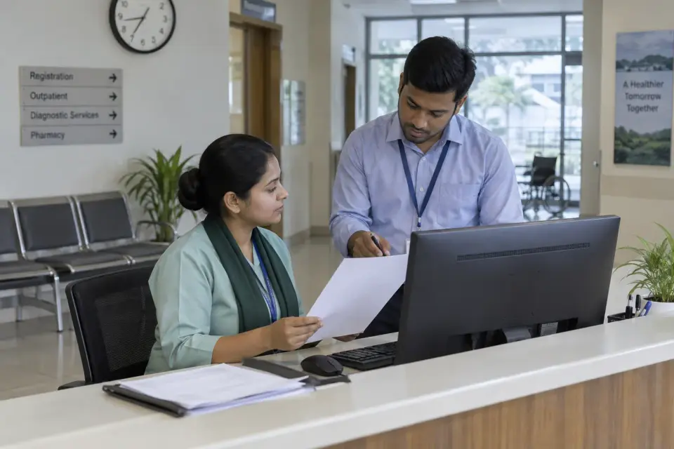 At a hospital reception before opening, two administrative staff rehearse registration handoff using blank forms and a workstation, no patients or records.
