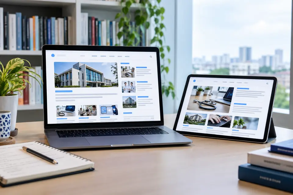 Healthcare marketing articles on an agency research desk.