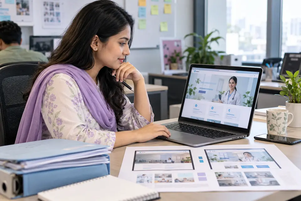 Healthcare website layouts and project notes being reviewed at an agency office.
