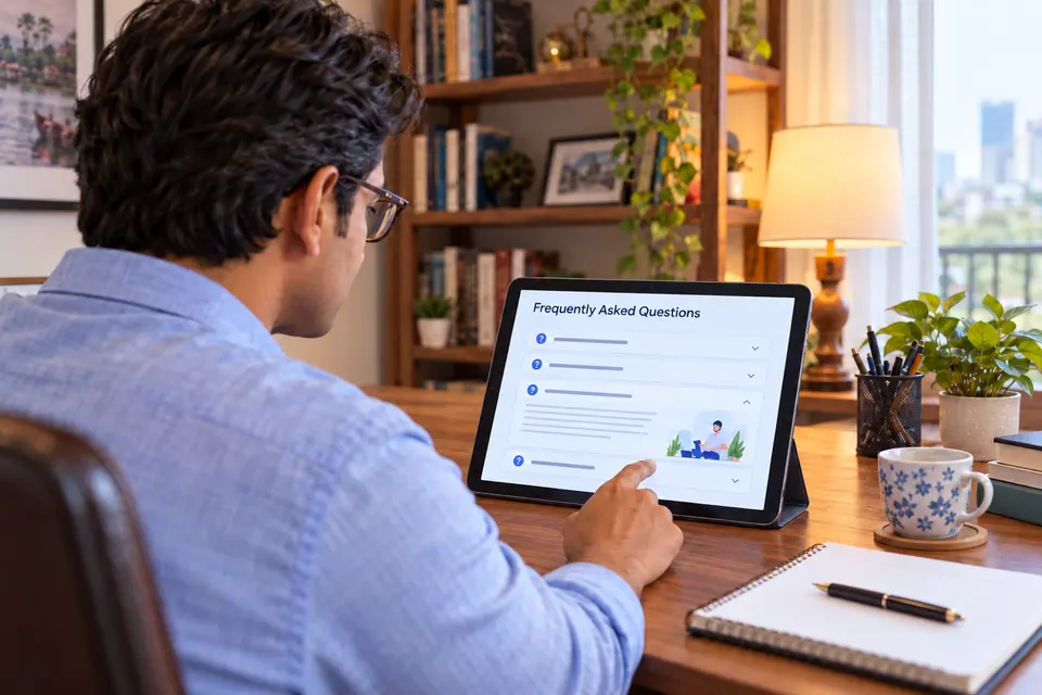 Healthcare business owner reading agency FAQs from a home study.