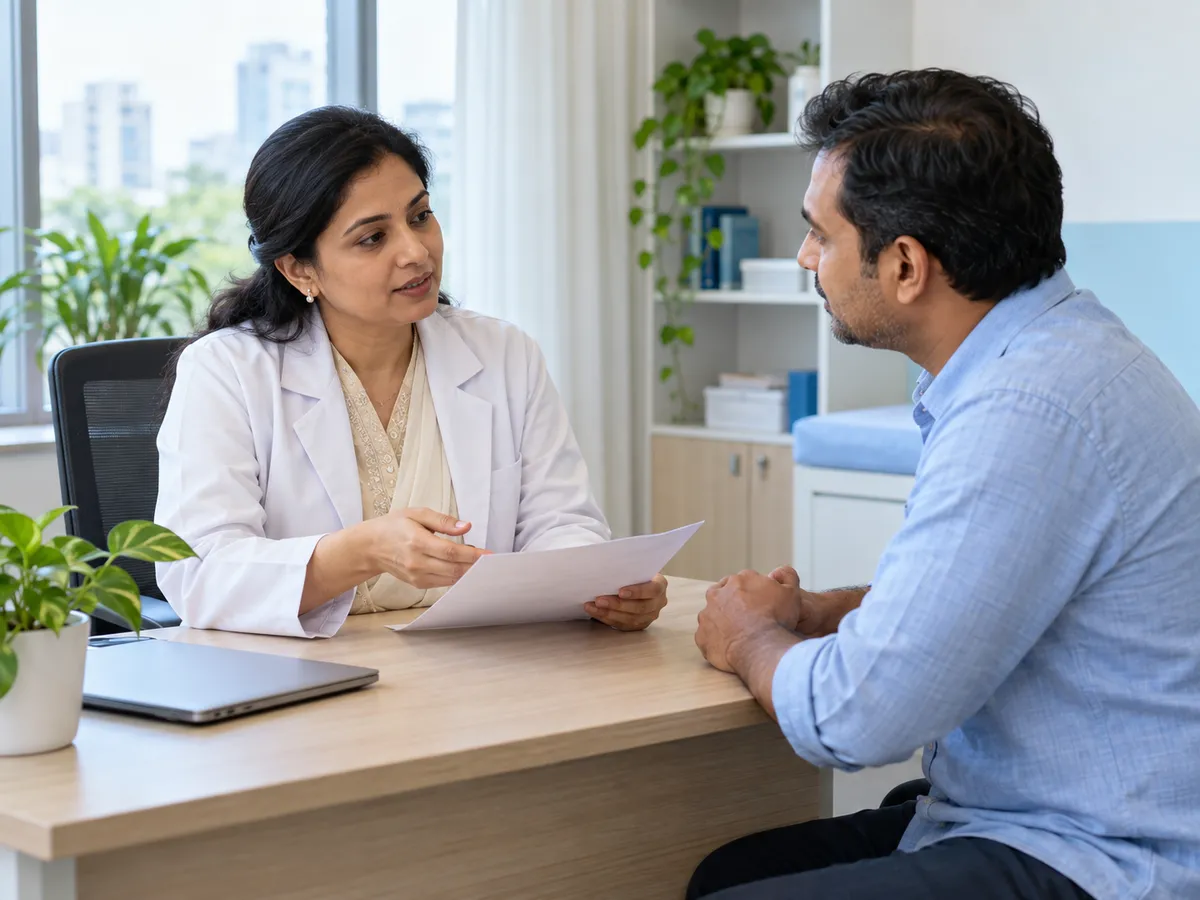Bangladeshi doctor discussing written information with a patient in a clinic.