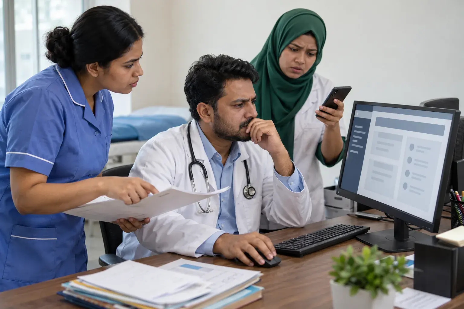Doctor and team reviewing a website that is hard to navigate