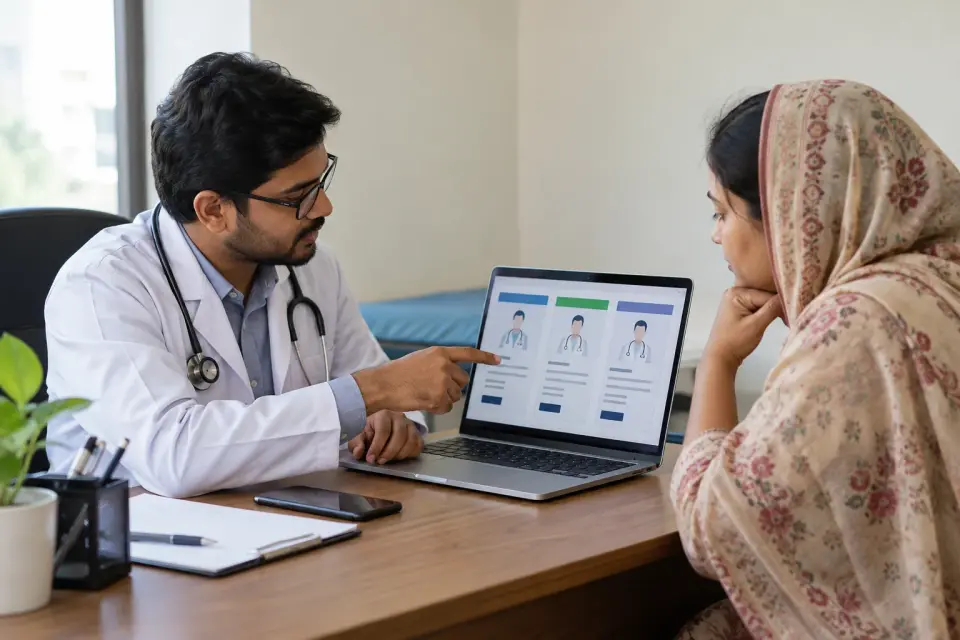 Doctor explaining a search-ready website to a visitor