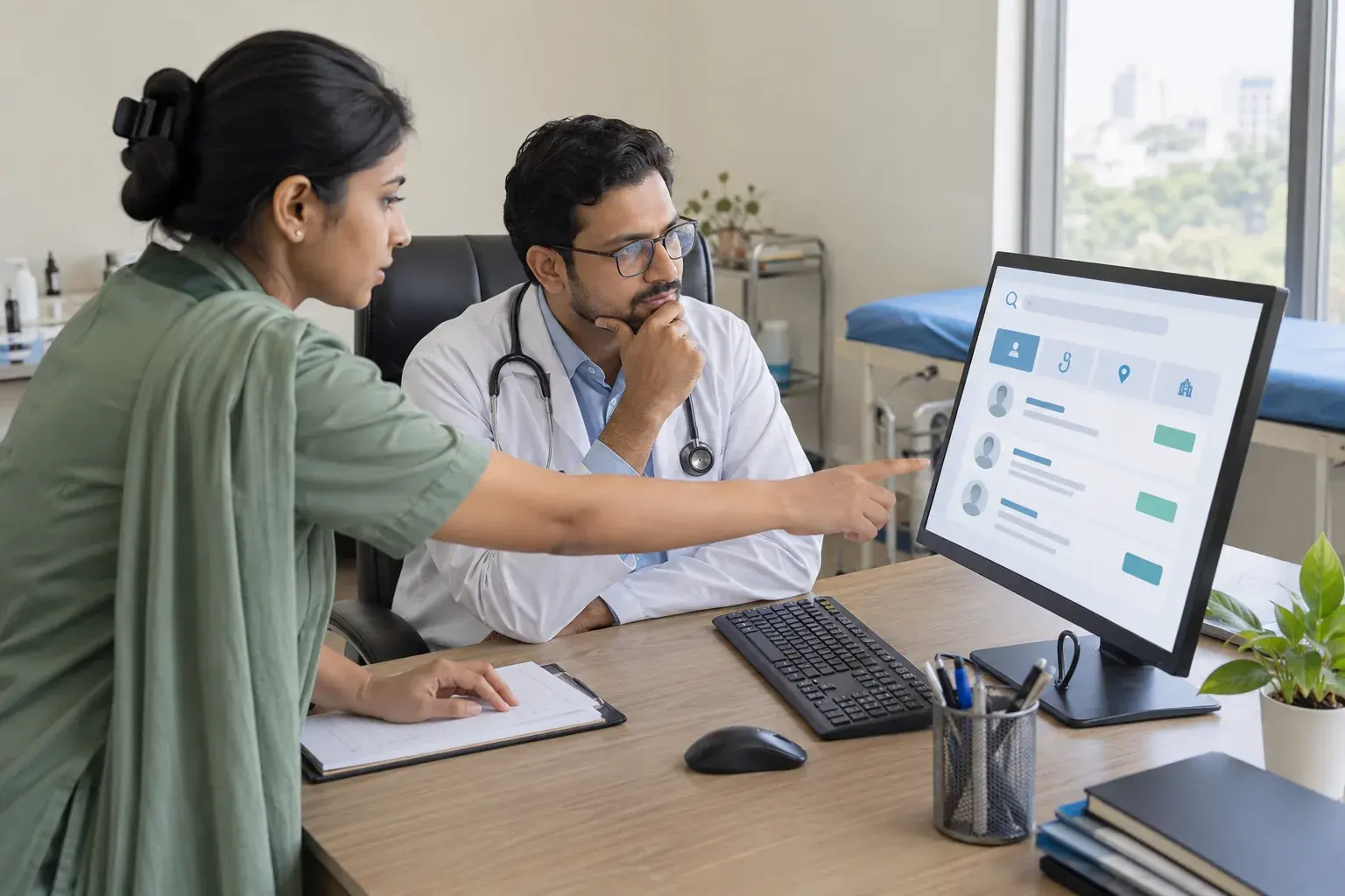 Doctor and specialist checking the site navigation on a monitor