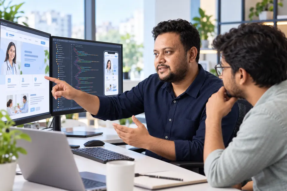 Sirajul Islam reviewing a responsive healthcare website at an agency workstation.